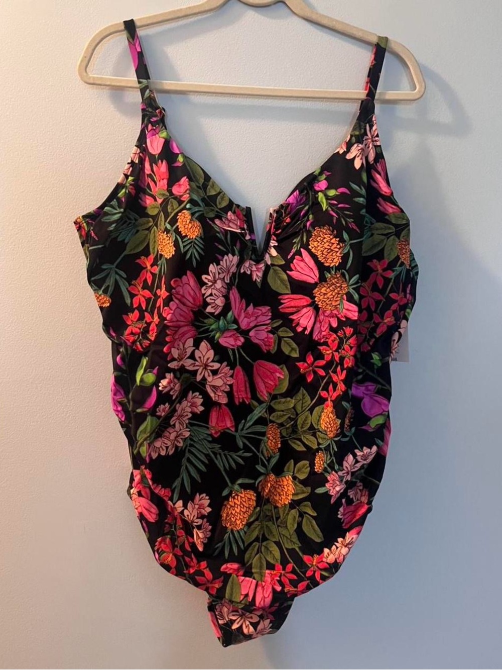 Time and Tru Black Floral One-Piece Swimsuit with Pink & Orange Blooms